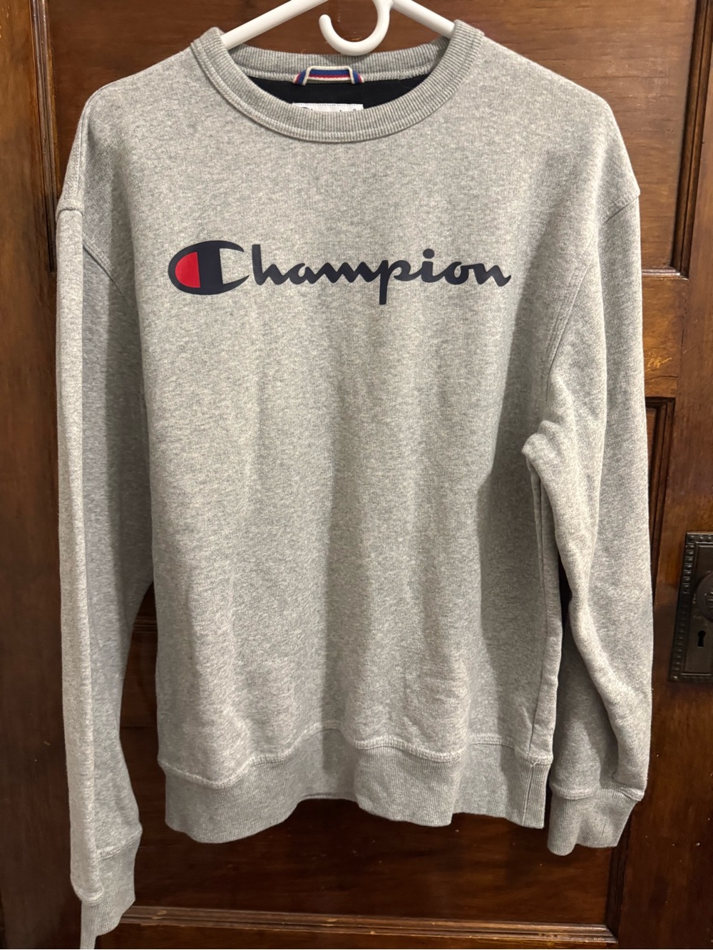 Champion Gray Crewneck Sweatshirt with Navy and Red Logo